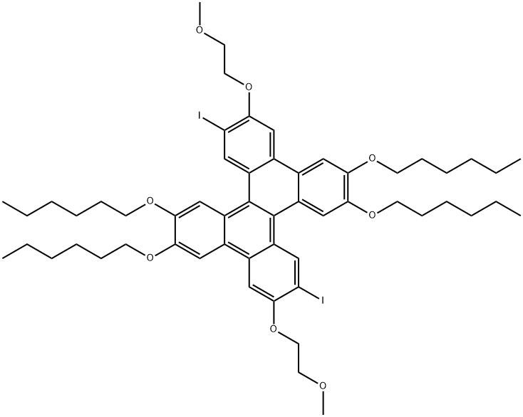 DIBENZO[G,P]CHRYSENE, 2,3,10,11-TETRAKIS(HEXYLOXY)-6,14-DIIODO-7,15-BIS(2-METHOXYETHOXY)- 结构式