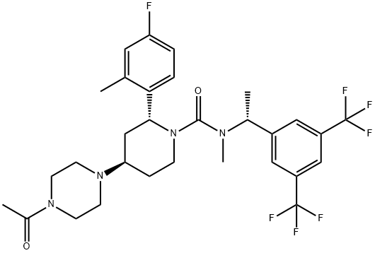 1-Piperidinecarboxamide, 4-(4-acetyl-1-piperazinyl)-N-[(1R)-1-[3,5-bis(trifluoromethyl)phenyl]ethyl]-2-(4-fluoro-2-methylphenyl)-N-methyl-, (2R,4R)- 结构式