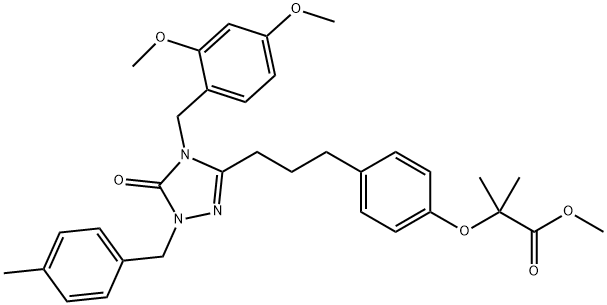 Propanoic acid, 2-[4-[3-[4-[(2,4-dimethoxyphenyl)methyl]-4,5-dihydro-1-[(4-methylphenyl)methyl]-5-oxo-1H-1,2,4-triazol-3-yl]propyl]phenoxy]-2-methyl-, methyl ester 结构式