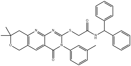 N-benzhydryl-2-[[8,8-dimethyl-3-(3-methylphenyl)-4-oxo-6,9-dihydropyrano[3,4]pyrido[3,5-b]pyrimidin-2-yl]sulfanyl]acetamide 结构式