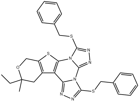 3,7-bis(benzylthio)-12-ethyl-12-methyl-12,13-dihydro-10H-pyrano[4',3':4,5]thieno[3,2-e]bis([1,2,4]triazolo)[4,3-a:4',3'-c]pyrimidine 结构式