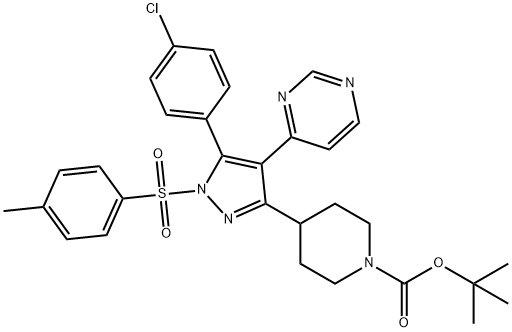 1-Piperidinecarboxylic acid, 4-[5-(4-chlorophenyl)-1-[(4-methylphenyl)sulfonyl]-4-(4-pyrimidinyl)-1H-pyrazol-3-yl]-, 1,1-dimethylethyl ester 结构式