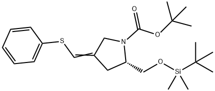 1-Pyrrolidinecarboxylic acid, 2-[[[(1,1-dimethylethyl)dimethylsilyl]oxy]methyl]-4-[(phenylthio)methylene]-, 1,1-dimethylethyl ester, (2S)- 结构式