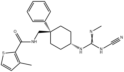 2-Thiophenecarboxamide, N-[[cis-4-[[(cyanoamino)(methylimino)methyl]amino]-1-phenylcyclohexyl]methyl]-3-methyl- 结构式