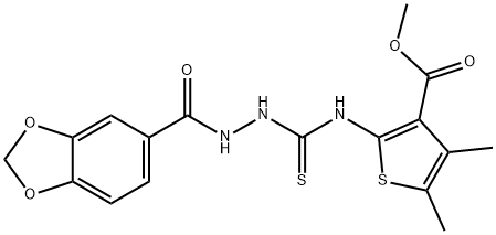 methyl 2-(2-(benzo[d][1,3]dioxole-5-carbonyl)hydrazinecarbothioamido)-4,5-dimethylthiophene-3-carboxylate 结构式