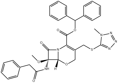 5-Oxa-1-azabicyclo[4.2.0]oct-2-ene-2-carboxylic acid, 7-methoxy-3-[[(1-methyl-1H-tetrazol-5-yl)thio]methyl]-8-oxo-7-[(phenylacetyl)amino]-, diphenylmethyl ester, (6R,7R)- (9CI) 结构式