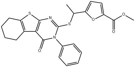 methyl 5-[1-[(4-oxo-3-phenyl-5,6,7,8-tetrahydro-[1]benzothiolo[2,3-d]pyrimidin-2-yl)sulfanyl]ethyl]furan-2-carboxylate 结构式