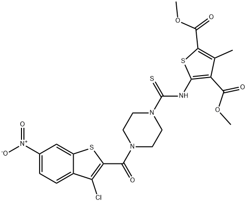 dimethyl 5-(4-(3-chloro-6-nitrobenzo[b]thiophene-2-carbonyl)piperazine-1-carbothioamido)-3-methylthiophene-2,4-dicarboxylate 结构式