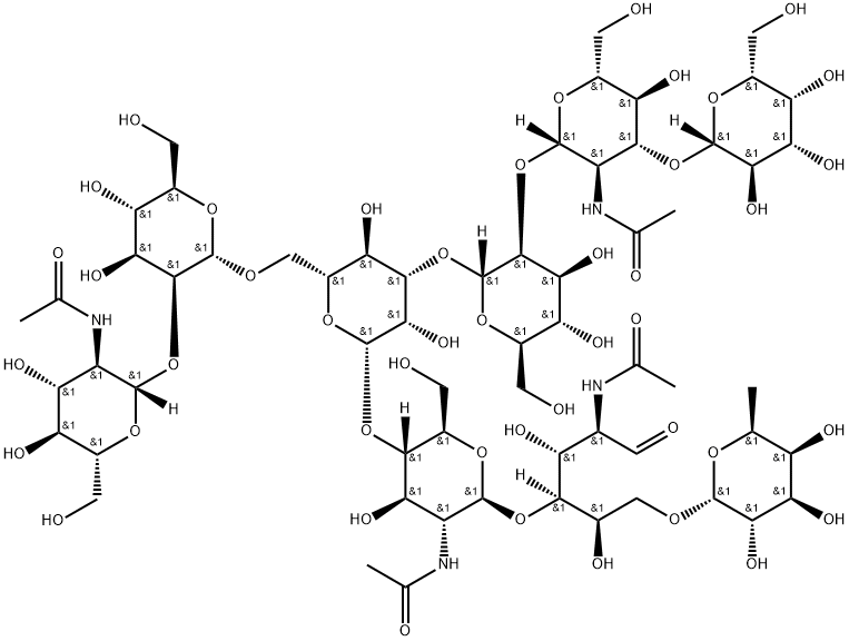 O-BETA-D-吡喃半乳糖基-(1-3)-O-2-(乙酰氨基)-2-脱氧-BETA-D-吡喃葡萄糖基-(1-2)-O-ALPHA-D-甘露糖基-(1-3)-O-[O-2-(乙酰氨基)-2-脱氧-BETA-D-吡喃葡萄糖基-(1-2)-ALPHA-D-甘露糖基-(1-6)]-O-BETA-D-甘露糖基-(1-4)-O-2-(乙酰氨基)-2-脱氧-BETA-D-吡喃葡萄糖基-(1-4)-O-[6-脱氧-ALPHA-L-吡喃半乳糖基-(1-6)]-2-(乙酰氨基)-2-脱氧-D-葡萄糖 结构式