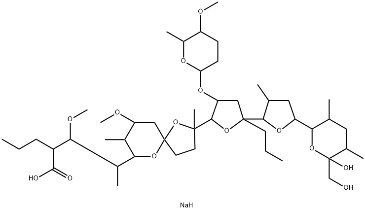 Monensin, 5-(3-carboxy-2-methoxy-1-methylhexyl)-5-de(3-carboxy-2-methoxy-1-methylbutyl)-16-deethyl-7-O-methyl-16-propyl-14-[(tetrahydro-5-methoxy-6-methyl-2H-pyran-2-yl)oxy]-, monosodium salt, [5S(1S,2R,3S),14(2S,5S,6R),16S]- (9CI) 结构式