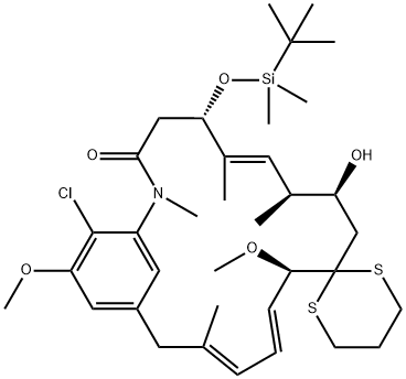 Spiro[2-azabicyclo[16.3.1]docosa-1(22),6,13,15,18,20-hexaene-11,2'-[1,3]dithian]-3-one, 21-chloro-5-[[(1,1-dimethylethyl)dimethylsilyl]oxy]-9-hydroxy-12,20-dimethoxy-2,6,8,16-tetramethyl-, [5S-(5R*,6E,8R*,9R*,12S*,13E,15E)]- (9CI) 结构式