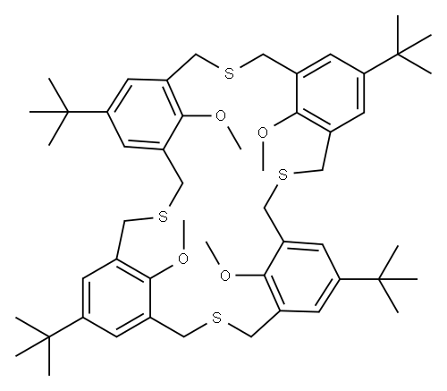 3,11,19,27-Tetrathiapentacyclo[27.3.1.15,9.113,17.121,25]hexatriaconta-1(33),5,7,9(36),13,15,17(35),21,23,25(34),29,31-dodecaene, 7,15,23,31-tetrakis(1,1-dimethylethyl)-33,34,35,36-tetramethoxy- 结构式