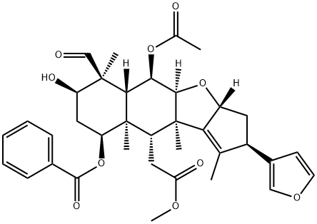 2H-Cyclopenta[b]naphtho[2,3-d]furan-10-acetic acid, 5-(acetyloxy)-9-(benzoyloxy)-6-formyl-2-(3-furanyl)-3,3a,4a,5,5a,6,7,8,9,9a,10,10a-dodecahydro-7-hydroxy-1,6,9a,10a-tetramethyl-, methyl ester, (2R,3aR,4aS,5R,5aR,6S,7R,9S,9aR,10R,10aR)- 结构式