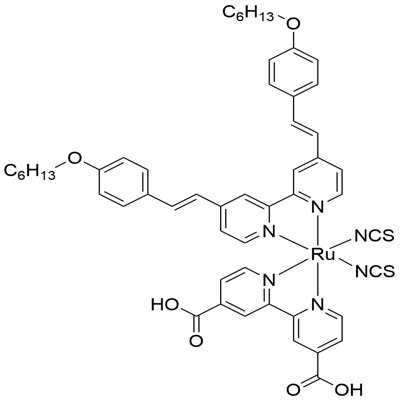 Ru(4,4-dicarboxylic acid-2,2′-bipyridine)(4,4′-bis(p-hexyloxystyryl)-2,2-bipyridine)(NCS)2 结构式