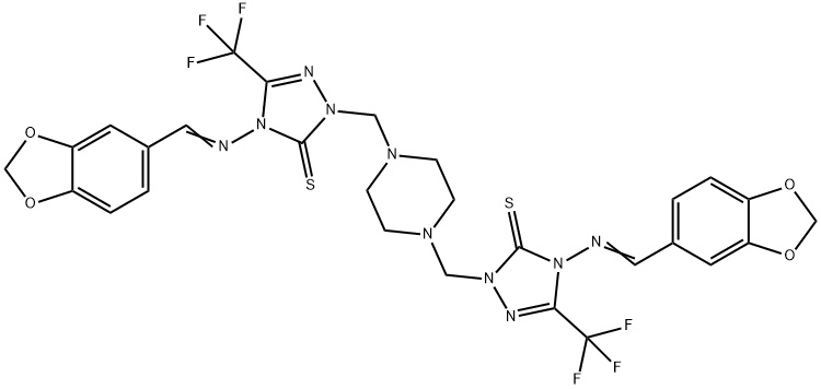 4-(1,3-benzodioxol-5-ylmethylideneamino)-2-[[4-[[4-(1,3-benzodioxol-5-ylmethylideneamino)-5-sulfanylidene-3-(trifluoromethyl)-1,2,4-triazol-1-yl]methyl]piperazin-1-yl]methyl]-5-(trifluoromethyl)-1,2,4-triazole-3-thione 结构式