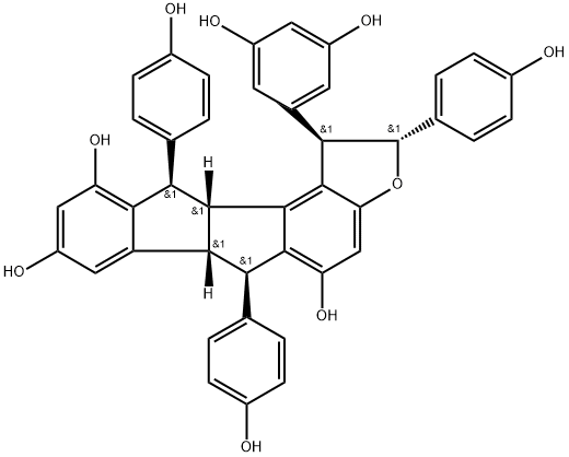 Indeno[1',2':2,3]indeno[5,4-b]furan-5,8,10-triol, 1-(3,5-dihydroxyphenyl)-1,2,6,6a,11,11a-hexahydro-2,6,11-tris(4-hydroxyphenyl)-, (1R,2R,6R,6aR,11R,11aR)-rel-(+)- 结构式