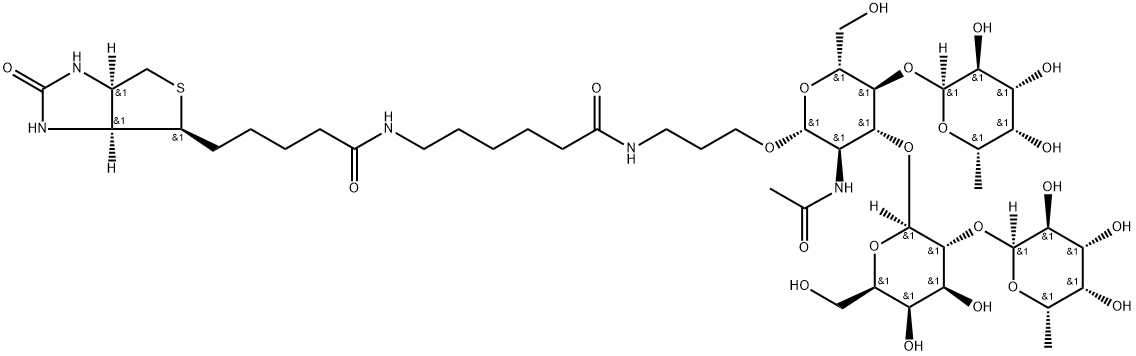 (3AS,4S,6AR)-N-[6-[[3-[[O-6-脱氧-ALPHA-L-吡喃半乳糖基-(1-2)-O-BETA-D-吡喃半乳糖基-(1-3)-O-[6-脱氧-ALPHA-L-吡喃半乳糖基-(1-4)]-2-(乙酰氨基)-2-脱氧-BETA-D-吡喃葡萄糖基]氧基]丙基]氨基]-6-氧代己基]六氢-2-氧代-1H-噻吩并[3,4-D]咪唑-4-戊酰胺 结构式