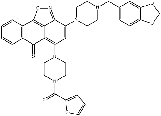 6H-Anthra[1,9-cd]isoxazol-6-one, 3-[4-(1,3-benzodioxol-5-ylmethyl)-1-piperazinyl]-5-[4-(2-furanylcarbonyl)-1-piperazinyl]- 结构式