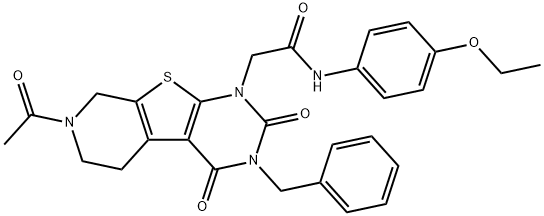 2-{11-乙酰基-4-苄基-3,5-二氧代-8-硫-4,6,11-三氮杂三环[7.4.0.0,2,7]十三烷-1(9),2(7)-二烯-6-基}-N-(4-乙氧基苯基)乙酰胺 结构式