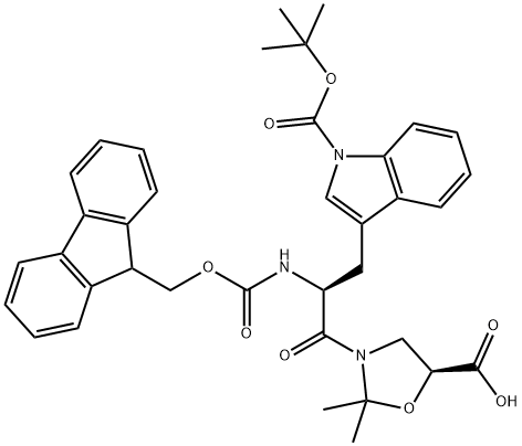 3-[(2S)-3-[(5S)-5-羧基-2,2-二甲基-3-恶唑烷基]-2-[[芴甲氧羰基]氨基]-3-氧代丙基]-1H-吲哚-1-羧酸叔丁酯 结构式