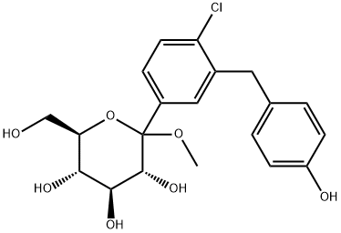 D-Glucopyranoside, methyl 1-C-[4-chloro-3-[(4-hydroxyphenyl)methyl]phenyl]- 结构式