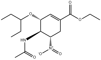 1-Cyclohexene-1-carboxylic acid, 4-(acetylamino)-3-(1-ethylpropoxy)-5-nitro-, ethyl ester, (3R,4R,5S)- 结构式