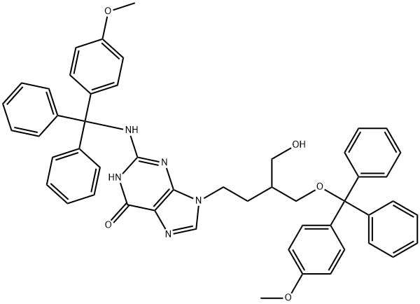 6H-Purin-6-one, 1,9-dihydro-9-[4-hydroxy-3-[[(4-methoxyphenyl)diphenylmethoxy]methyl]butyl]-2-[[(4-methoxyphenyl)diphenylmethyl]amino]- 结构式