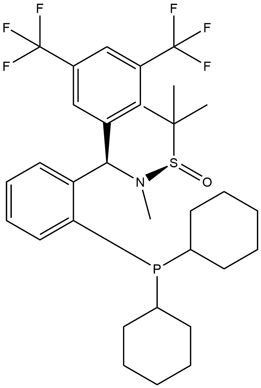 [S(R)]-N-[(R)-3,5-Bis(trifluoromethyl)phenyl][2-(dicyclohexylphosphanyl)phenyl]-N,2-dimethyl-2-propanesulfinamide 结构式