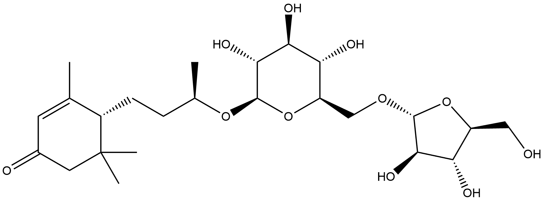 2-Cyclohexen-1-one, 4-[(3R)-3-[(6-O-α-L-arabinofuranosyl-β-D-glucopyranosyl)oxy]butyl]-3,5,5-trimethyl-, (4R)- 结构式