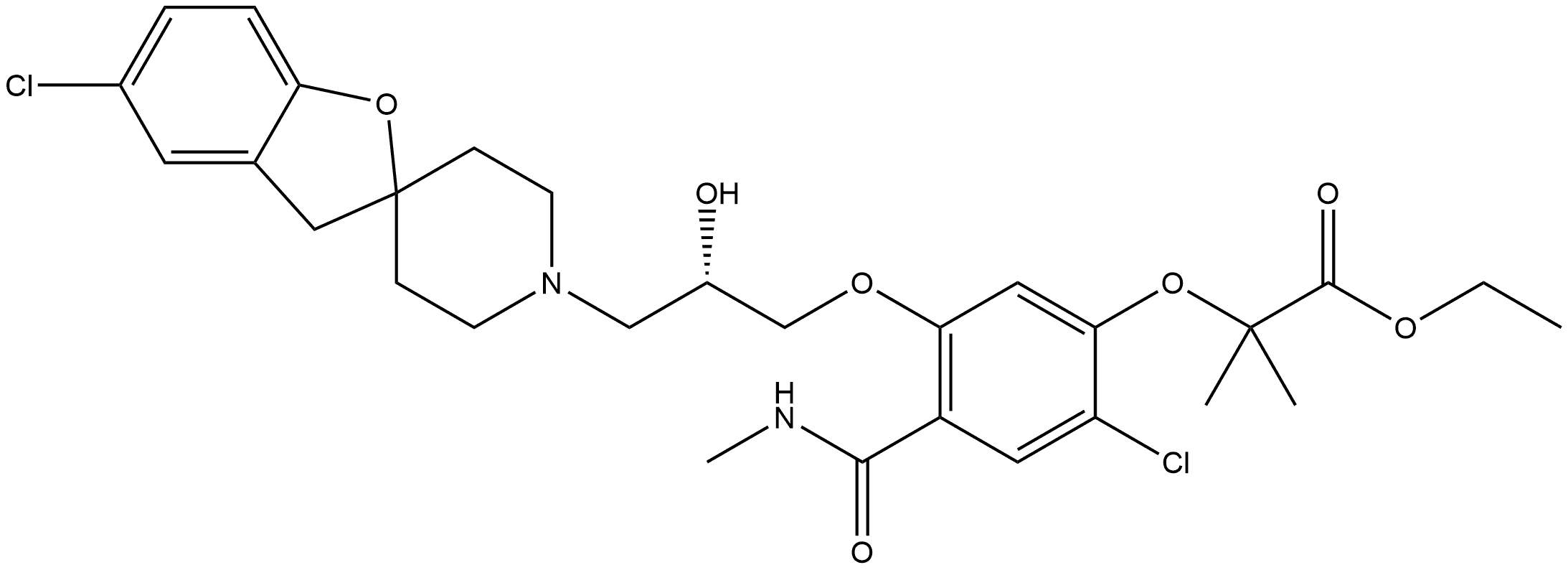 Propanoic acid, 2-[2-chloro-5-[(2S)-3-(5-chlorospiro[benzofuran-2(3H),4'-piperidin]-1'-yl)-2-hydroxypropoxy]-4-[(methylamino)carbonyl]phenoxy]-2-methyl-, ethyl ester 结构式