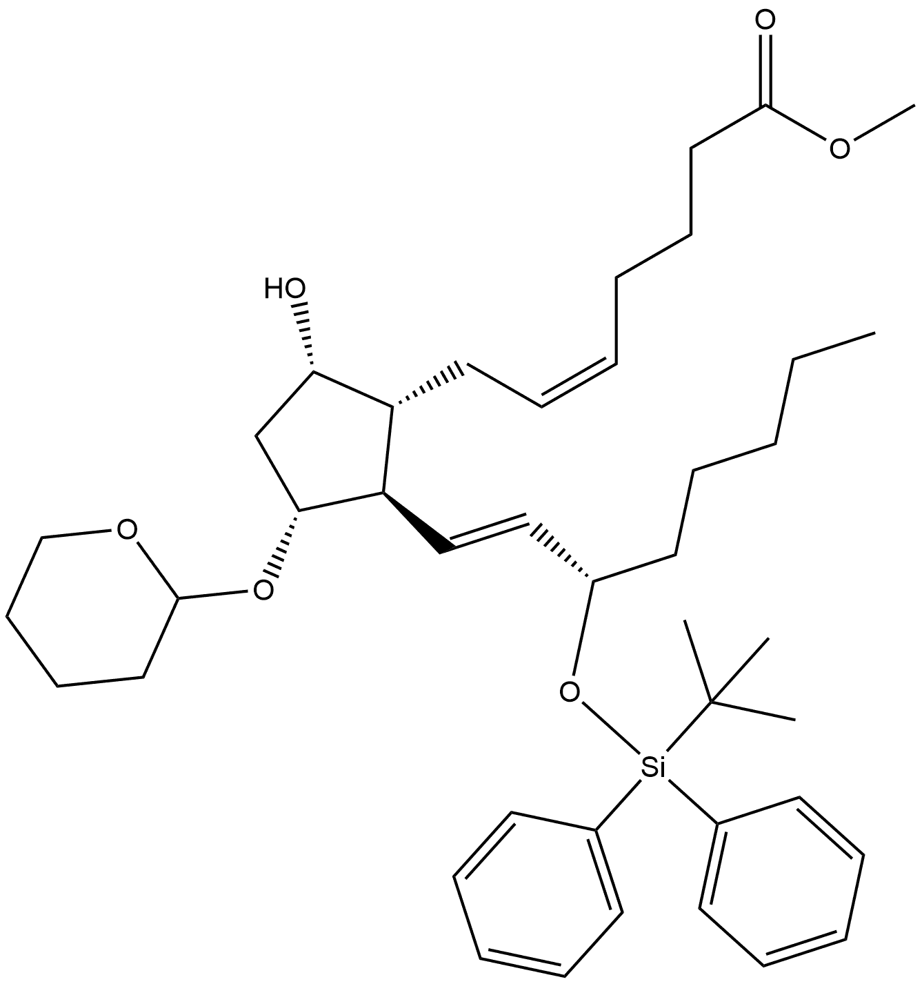 Prosta-5,13-dien-1-oic acid, 15-[[(1,1-dimethylethyl)diphenylsilyl]oxy]-9-hydroxy-11-[(tetrahydro-2H-pyran-2-yl)oxy]-, methyl ester, (5Z,9α,11α,13E,15S)- (9CI) 结构式