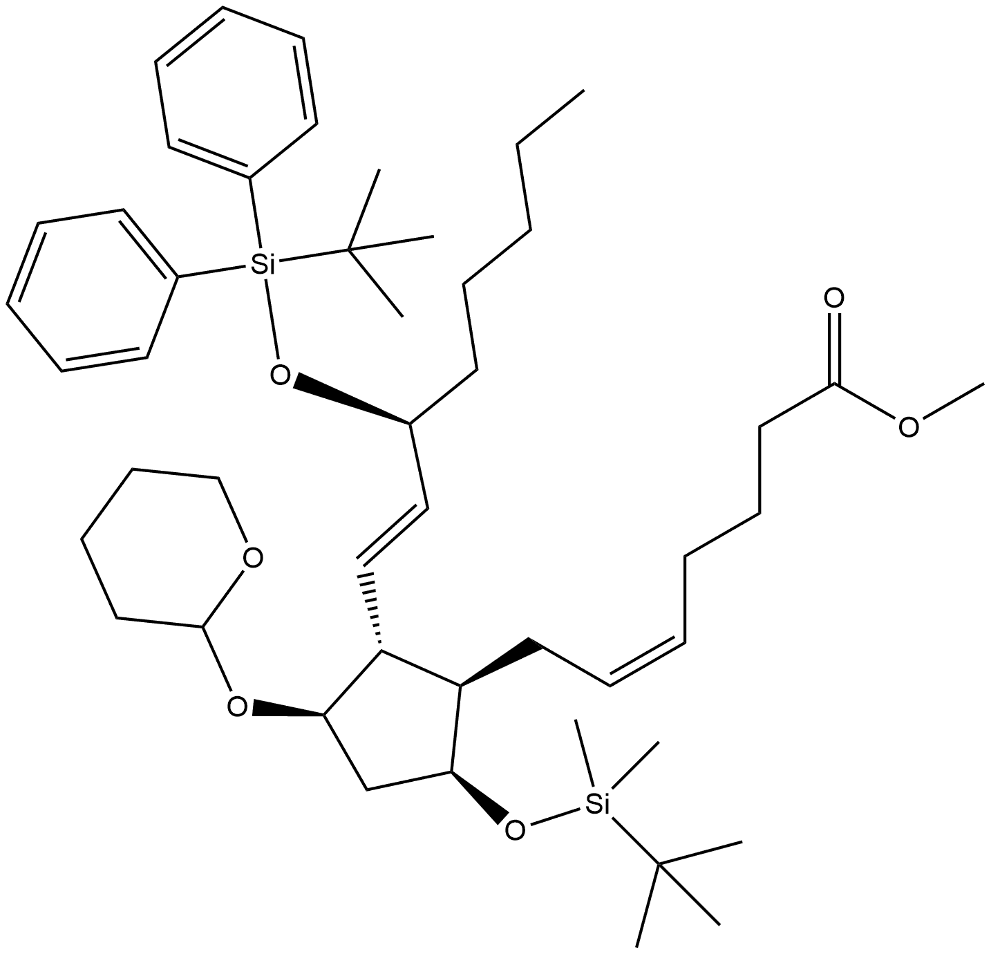 Prosta-5,13-dien-1-oic acid, 9-[[(1,1-dimethylethyl)dimethylsilyl]oxy]-15-[[(1,1-dimethylethyl)diphenylsilyl]oxy]-11-[(tetrahydro-2H-pyran-2-yl)oxy]-, methyl ester, (5Z,9α,11α,13E,15S)- (9CI) 结构式