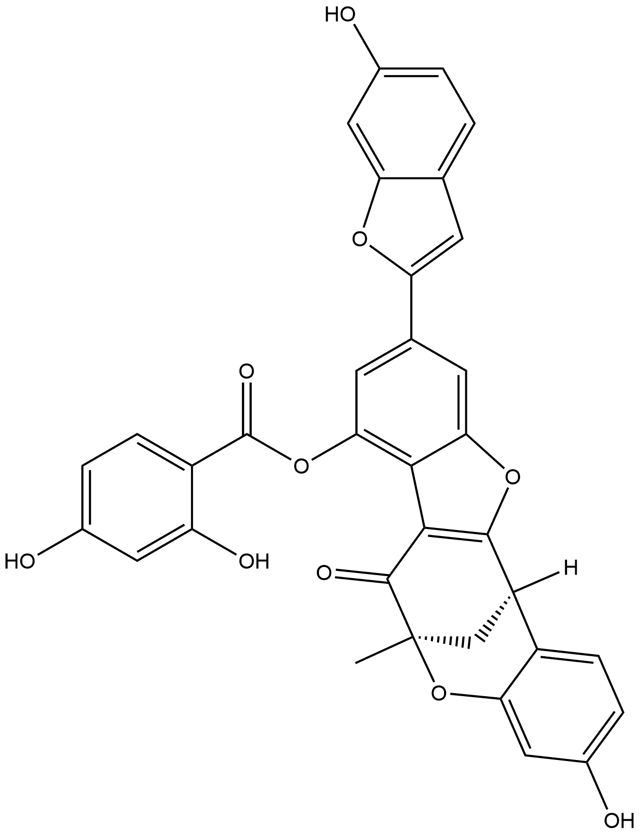 Benzoic acid, 2,4-dihydroxy-, (6R,13R)-7,13-dihydro-3-hydroxy-10-(6-hydroxy-2-benzofuranyl)-6-methyl-7-oxo-6,13-methano-6H-benzofuro[3,2-d][1]benzoxocin-8-yl ester, rel-(+)- 结构式