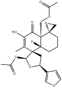 Dispiro[furan-3(2H),1'(5'H)-naphthalene-5',2''-oxiran]-4'(4'aH)-one, 2-(acetyloxy)-4'a-[(acetyloxy)methyl]-5-(3-furanyl)-4,5,6',7',8',8'a-hexahydro-3'-hydroxy-2'-methyl-, (1'S,2S,2''R,4'aS,5S,8'aR)- (9CI) 结构式