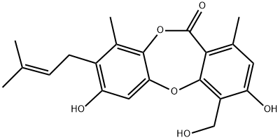 11H-Dibenzo[b,e][1,4]dioxepin-11-one, 3,7-dihydroxy-4-(hydroxymethyl)-1,9-dimethyl-8-(3-methyl-2-buten-1-yl)- 结构式
