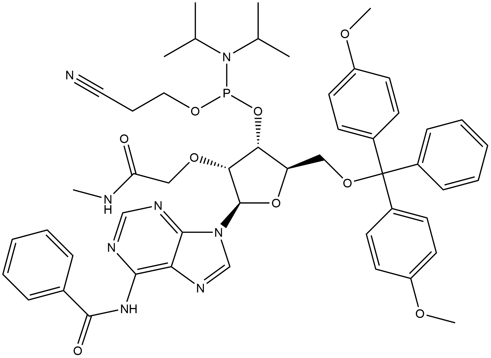 Adenosine, N-benzoyl-5'-O-[bis(4-methoxyphenyl)phenylmethyl]-2'-O-[2-(methylamino)-2-oxoethyl]-, 3'-[2-cyanoethyl N,N-bis(1-methylethyl)phosphoramidite] 结构式