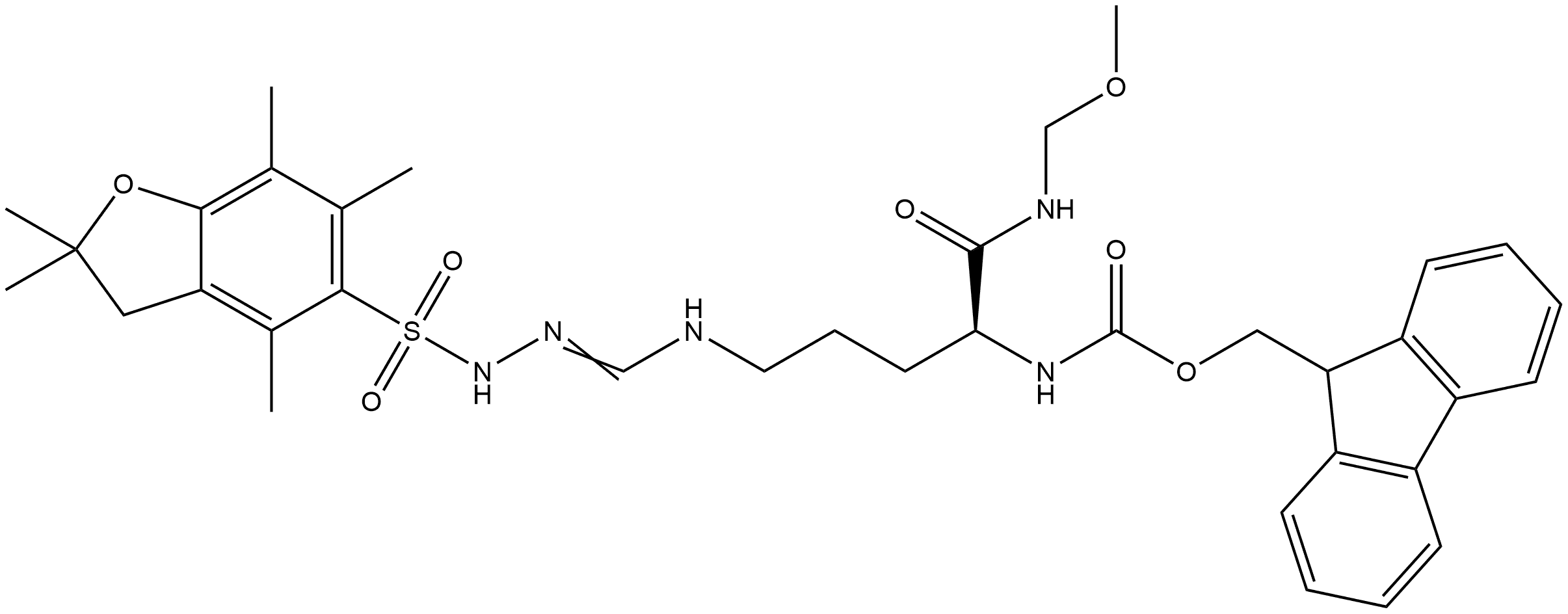 Carbamic acid, N-[(1S)-4-[[[[(2,3-dihydro-2,2,4,6,7-pentamethyl-5-benzofuranyl)sulfonyl]amino]iminomethyl]amino]-1-[(methoxymethylamino)carbonyl]butyl]-, 9H-fluoren-9-ylmethyl ester 结构式