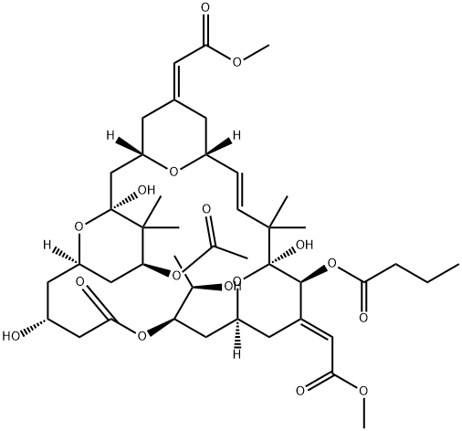 Butanoic acid, (1S,3S,5Z,7R,8E,11S,12S,13E,15S,17R,21R,23R,25S)-25-(acetyloxy)-1,11,21-trihydroxy-17-(1R)-1-hydroxyethyl-5,13-bis(2-methoxy-2-oxoethylidene)-10,10,26,26-tetramethyl-19-oxo-18,27,28,29-tetraoxatetracyclo21.3.1.13,7.111,15nonacos-8-en-12-yl  结构式