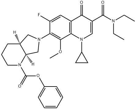 1H-Pyrrolo[3,4-b]pyridine-1-carboxylic acid, 6-[1-cyclopropyl-3-[(diethylamino)carbonyl]-6-fluoro-1,4-dihydro-8-methoxy-4-oxo-7-quinolinyl]octahydro-, phenyl ester, (4aS,7aS)- 结构式