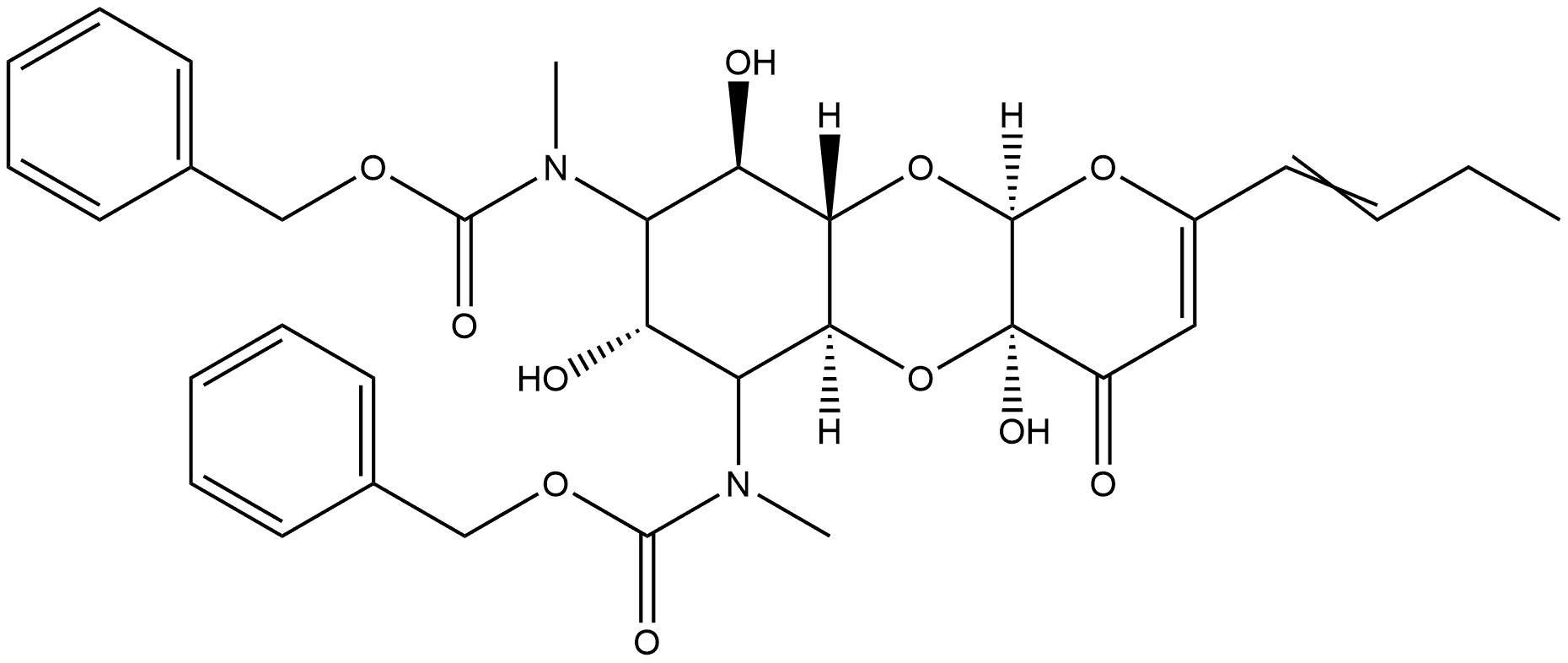 Carbamic acid, [2-(1-butenyl)-4a,5a,6,7,8,9,9a,10a-octahydro-4a,7,9-trihydroxy-4-oxo-4H-pyrano[2,3-b][1,4]benzodioxin-6,8-diyl]bis[methyl-, bis(phenylmethyl) ester, [4aR-(4aα,5aα,6α,7α,8α,9β,9aβ,10aα)]- (9CI) 结构式