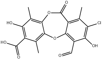 11H-Dibenzo[b,e][1,4]dioxepin-7-carboxylic acid, 2-chloro-4-formyl-3,8-dihydroxy-1,6,9-trimethyl-11-oxo- 结构式