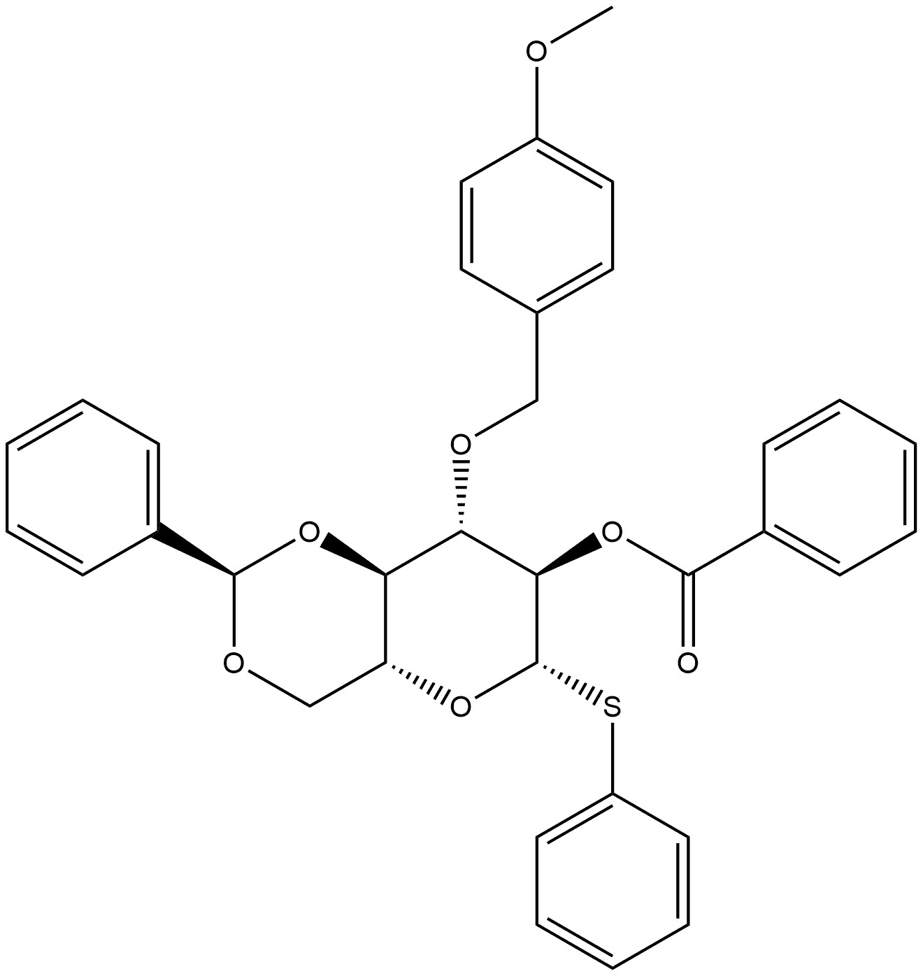 phenyl 2-O-benzoyl-4,6-O-benzylidene-3-O-4-methoxybenzyl-1-thio-β-D-glucopyranoside 结构式