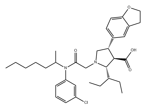 3-Pyrrolidinecarboxylic acid, 1-[2-[(3-chlorophenyl)(1-methylhexyl)amino]-2-oxoethyl]-4-(2,3-dihydro-5-benzofuranyl)-2-(1-ethylpropyl)-, (2S,3R,4S)- 结构式