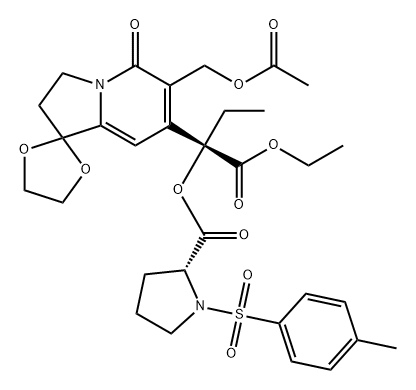 1-对甲苯磺酰基吡咯烷-2-甲酸[(R)-(S)-2-[6'-(乙酰氧基甲基)-5'-氧代-3',5'-二氢-2'H-螺[[1,3]二氧戊环-2,1'-吲嗪]-7'-基]-1-乙氧基-1-氧代-2-丁基]酯 结构式