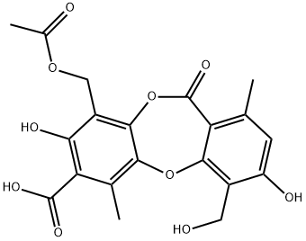 11H-Dibenzo[b,e][1,4]dioxepin-7-carboxylic acid, 9-[(acetyloxy)methyl]-3,8-dihydroxy-4-(hydroxymethyl)-1,6-dimethyl-11-oxo- 结构式