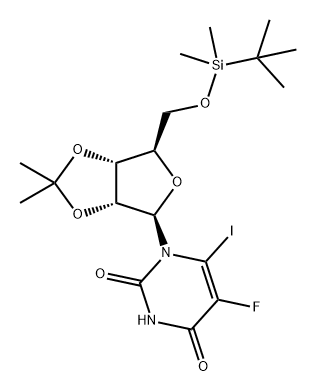 Uridine, 5'-O-[(1,1-dimethylethyl)dimethylsilyl]-5-fluoro-6-iodo-2',3'-O-(1-methylethylidene)- 结构式