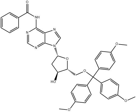 N-(9-((2R,4S,5R)-4-Hydroxy-5-((tris(4-methoxyphenyl)methoxy)methyl)tetrahydrofuran-2-yl)-9H-purin-6-yl)benzamide 结构式