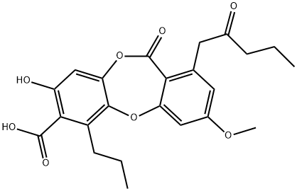 11H-Dibenzo[b,e][1,4]dioxepin-7-carboxylic acid, 8-hydroxy-3-methoxy-11-oxo-1-(2-oxopentyl)-6-propyl- 结构式