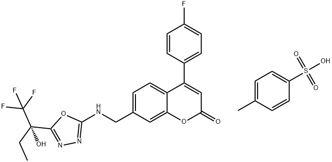 2H-1-Benzopyran-2-one, 4-(4-fluorophenyl)-7-[[[5-[(1S)-1-hydroxy-1-(trifluoromethyl)propyl]-1,3,4-oxadiazol-2-yl]amino]methyl]-, 4-methylbenzenesulfonate (1:1) 结构式