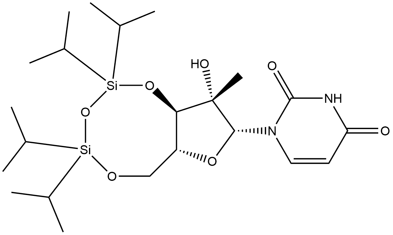 2,4(1H,3H)-Pyrimidinedione, 1-[2-C-methyl-3,5-O-[1,1,3,3-tetrakis(1-methylethyl)-1,3-disiloxanediyl]-β-D-arabinofuranosyl]- 结构式
